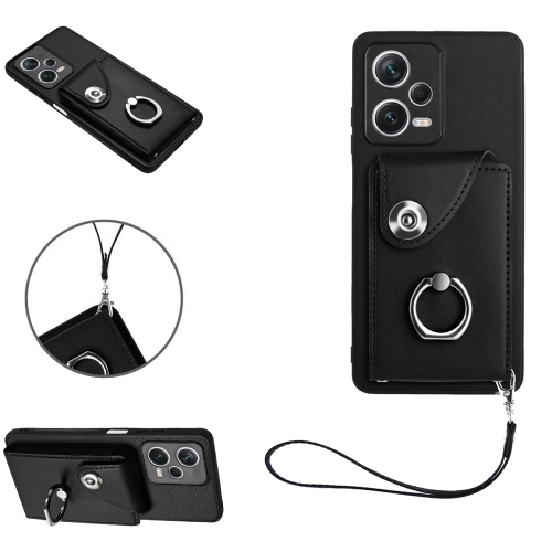

For Xiaomi Redmi Note 12 Pro+ 5G Global Organ Card Bag Ring Holder PU Phone Case with Lanyard(Black)