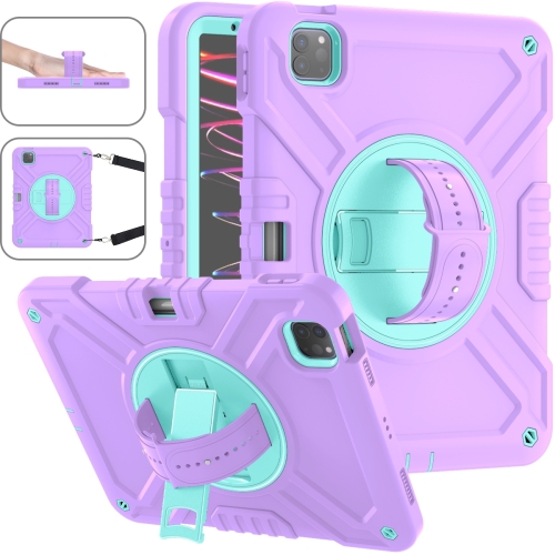 

For iPad Air 2022 10.9 / Pro 11 2022 X Rotation PC Hybrid Silicone Tablet Case with Strap(Purple Cyan)