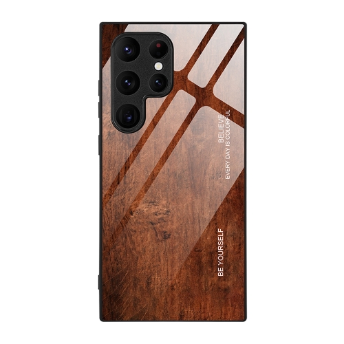 

For Samsung Galaxy S24 Ultra 5G Wood Grain Glass Phone Case(Dark Brown)
