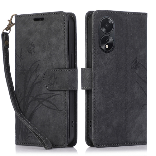 

For OPPO A18 / A38 Orchid Butterfly Embossed Leather Phone Case(Black)