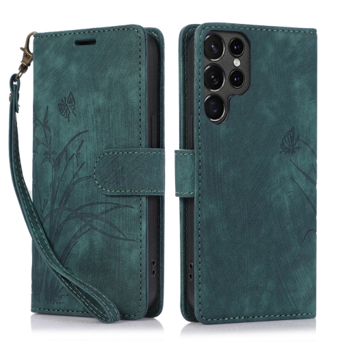 

For Samsung Galaxy S24 Ultra 5G Orchid Butterfly Embossed Leather Phone Case(Green)
