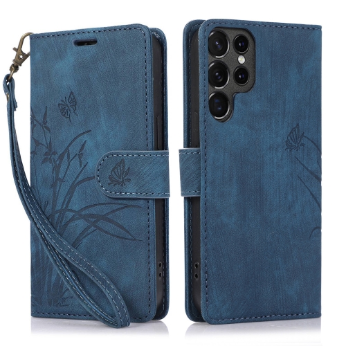 

For Samsung Galaxy S24 Ultra 5G Orchid Butterfly Embossed Leather Phone Case(Blue)