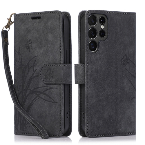 

For Samsung Galaxy S22 Ultra 5G Orchid Butterfly Embossed Leather Phone Case(Black)