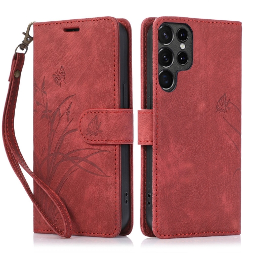 

For Samsung Galaxy S22 Ultra 5G Orchid Butterfly Embossed Leather Phone Case(Red)