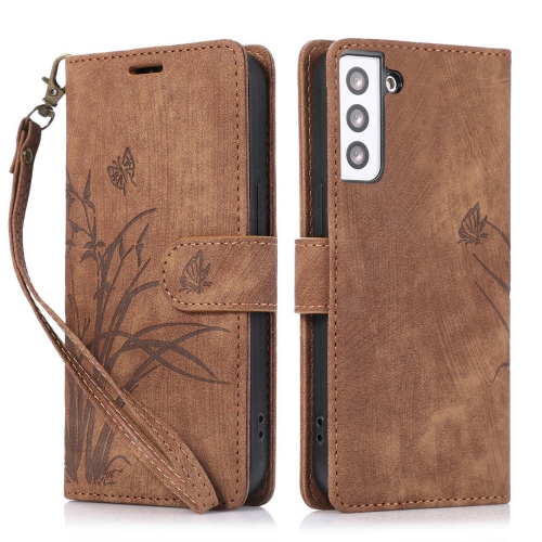 

For Samsung Galaxy S21+ 5G Orchid Butterfly Embossed Leather Phone Case(Brown)