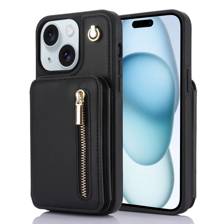 For iPhone 15 YM006 Skin Feel Zipper Card Bag Phone Case with Dual Lanyard(Black) 
For iPhone 15 YM006 Skin Feel Zipper Card Bag Phone Case with Dual Lanyard(Black)
