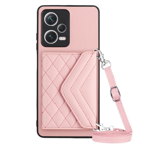 

For Xiaomi Redmi Note 12 Pro 5G Rhombic Texture Card Bag RFID Phone Case with Long Lanyard(Rose Gold)