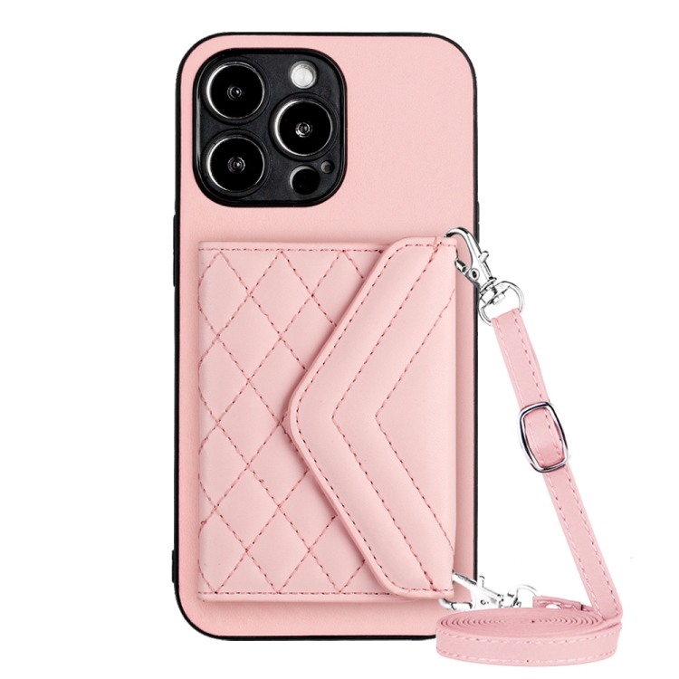For iPhone 14 Pro Max Rhombic Texture Card Bag RFID Phone Case with Long Lanyard(Rose Gold) 
For iPhone 14 Pro Max Rhombic Texture Card Bag RFID Phone Case with Long Lanyard(Rose Gold)