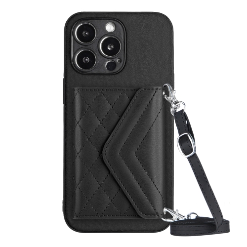 

For iPhone 15 Pro Rhombic Texture Card Bag RFID Phone Case with Long Lanyard(Black)
