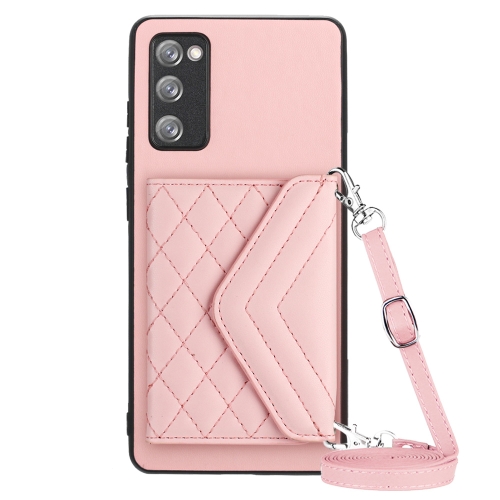 

For Samsung Galaxy S20 FE Rhombic Texture Card Bag RFID Phone Case with Long Lanyard(Rose Gold)