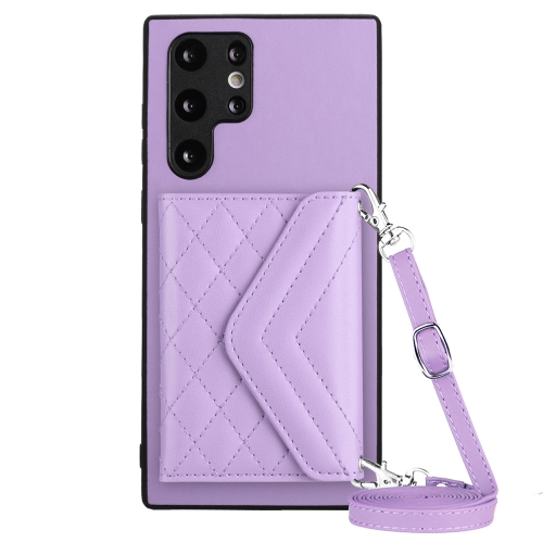 

For Samsung Galaxy S22 Ultra 5G Rhombic Texture Card Bag RFID Phone Case with Long Lanyard(Light Purple)
