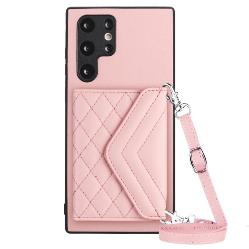 

For Samsung Galaxy S22 Ultra 5G Rhombic Texture Card Bag RFID Phone Case with Long Lanyard(Rose Gold)