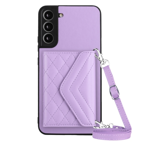 

For Samsung Galaxy S22 5G Rhombic Texture Card Bag RFID Phone Case with Long Lanyard(Light Purple)