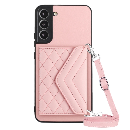 

For Samsung Galaxy S22 5G Rhombic Texture Card Bag RFID Phone Case with Long Lanyard(Rose Gold)