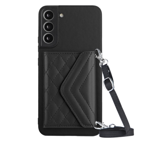 

For Samsung Galaxy S22 5G Rhombic Texture Card Bag RFID Phone Case with Long Lanyard(Black)