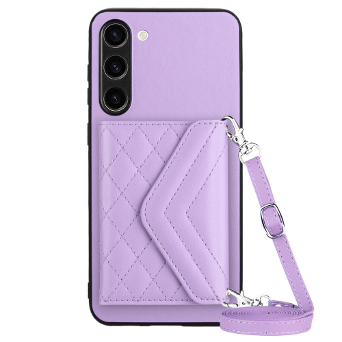 

For Samsung Galaxy S23 5G Rhombic Texture Card Bag RFID Phone Case with Long Lanyard(Light Purple)
