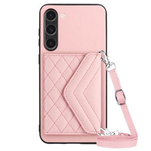 

For Samsung Galaxy S23 5G Rhombic Texture Card Bag RFID Phone Case with Long Lanyard(Rose Gold)