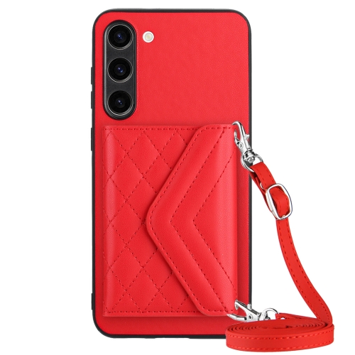 

For Samsung Galaxy S23 5G Rhombic Texture Card Bag RFID Phone Case with Long Lanyard(Red)