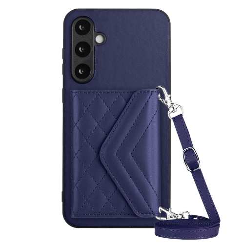 

For Samsung Galaxy S23 FE 5G Rhombic Texture Card Bag RFID Phone Case with Long Lanyard(Dark Purple)