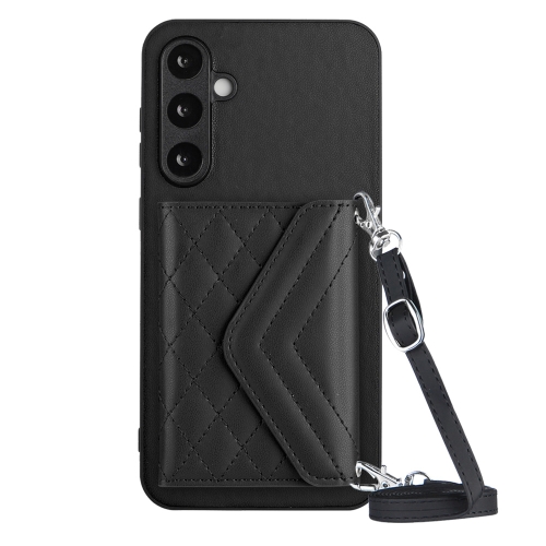 

For Samsung Galaxy S23 FE 5G Rhombic Texture Card Bag RFID Phone Case with Long Lanyard(Black)