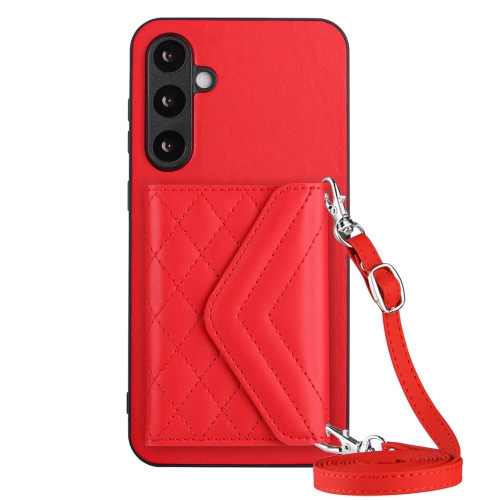 

For Samsung Galaxy S23 FE 5G Rhombic Texture Card Bag RFID Phone Case with Long Lanyard(Red)