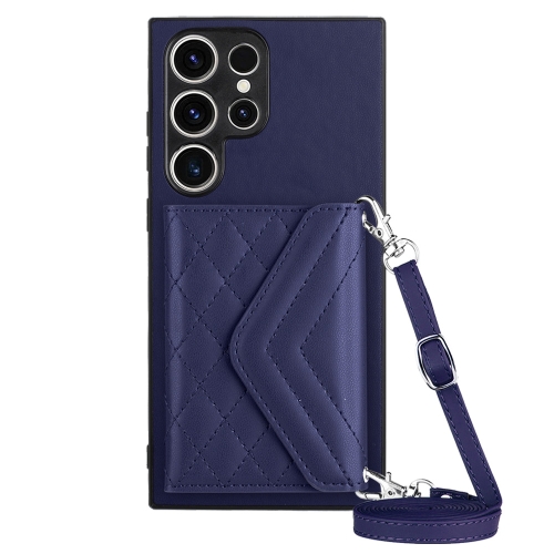 

For Samsung Galaxy S23 Ultra 5G Rhombic Texture Card Bag RFID Phone Case with Long Lanyard(Dark Purple)