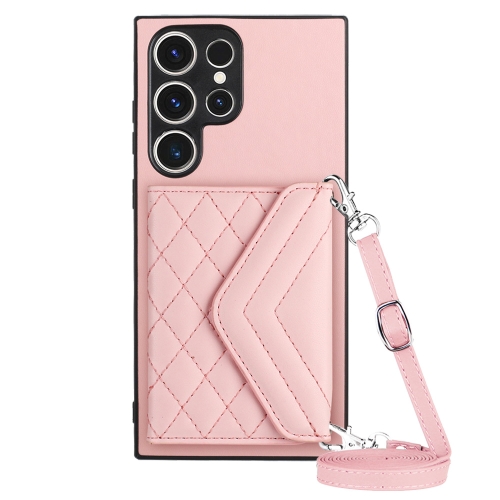 

For Samsung Galaxy S23 Ultra 5G Rhombic Texture Card Bag RFID Phone Case with Long Lanyard(Rose Gold)