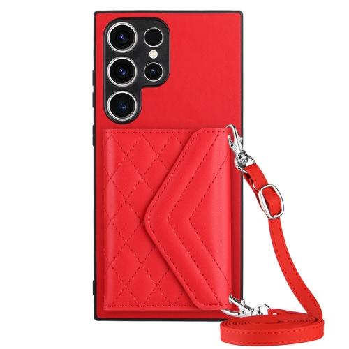 

For Samsung Galaxy S23 Ultra 5G Rhombic Texture Card Bag RFID Phone Case with Long Lanyard(Red)
