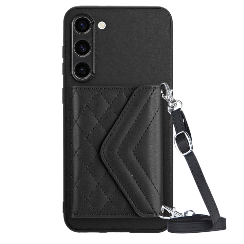 

For Samsung Galaxy S23+ 5G Rhombic Texture Card Bag RFID Phone Case with Long Lanyard(Black)