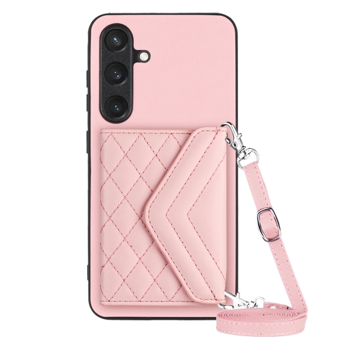 

For Samsung Galaxy S24 5G Rhombic Texture Card Bag RFID Phone Case with Long Lanyard(Rose Gold)