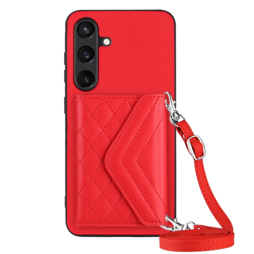 

For Samsung Galaxy S24+ 5G Rhombic Texture Card Bag RFID Phone Case with Long Lanyard(Red)