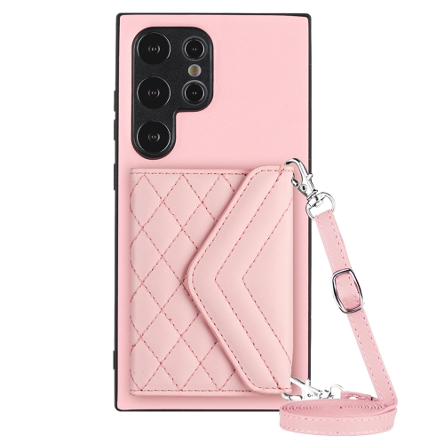 

For Samsung Galaxy S24 Ultra 5G Rhombic Texture Card Bag RFID Phone Case with Long Lanyard(Rose Gold)