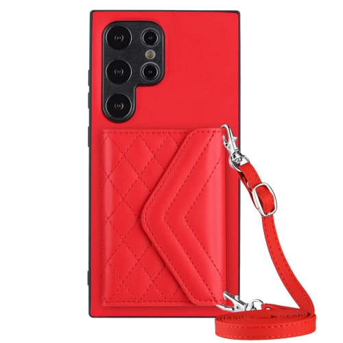 

For Samsung Galaxy S24 Ultra 5G Rhombic Texture Card Bag RFID Phone Case with Long Lanyard(Red)