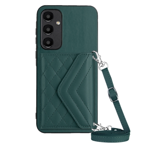 

For Samsung Galaxy A55 Rhombic Texture Card Bag RFID Phone Case with Long Lanyard(Green)