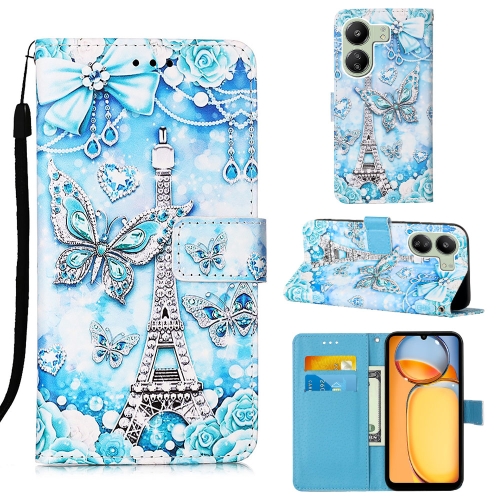 

For Xiaomi Redmi 13C Colored Drawing Pattern Plain Weave Leather Phone Case(Tower Butterfly)