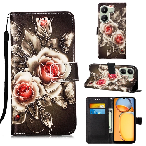 

For Xiaomi Redmi 13C Colored Drawing Pattern Plain Weave Leather Phone Case(Roses On Black)