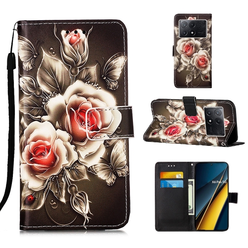 

For Xiaomi Redmi K70E Colored Drawing Pattern Plain Weave Leather Phone Case(Roses On Black)