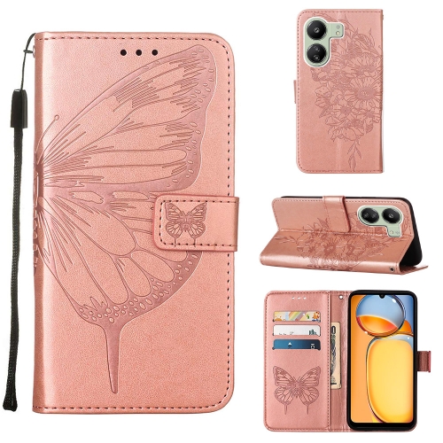 

For Xiaomi Redmi 13C Embossed Butterfly Leather Phone Case(Rose Gold)