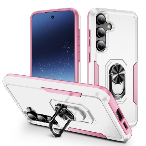 

For Samsung Galaxy S24 5G Pioneer Armor Heavy Duty PC + TPU Phone Case with Holder(White+Pink)