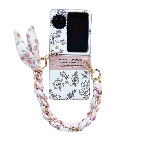 

For OPPO Find N3 Flip Pearlescent Paint Painted PC Phone Case with DIY Scarf Bracelet(Sketch Flower)