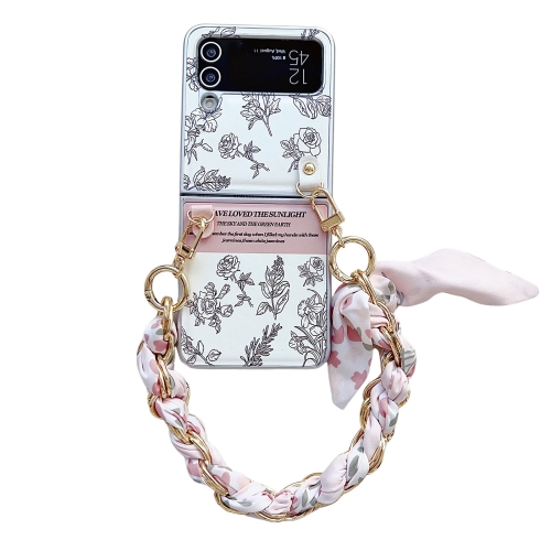 

For Samsung Galaxy Z Flip4 5G Pearlescent Paint Painted PC Phone Case with DIY Scarf Bracelet(Sketch Flower)
