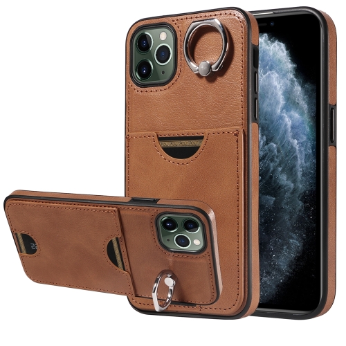 

For iPhone 11 Pro Max Calf Texture Card Slot Ring Holder Phone Case(Brown)