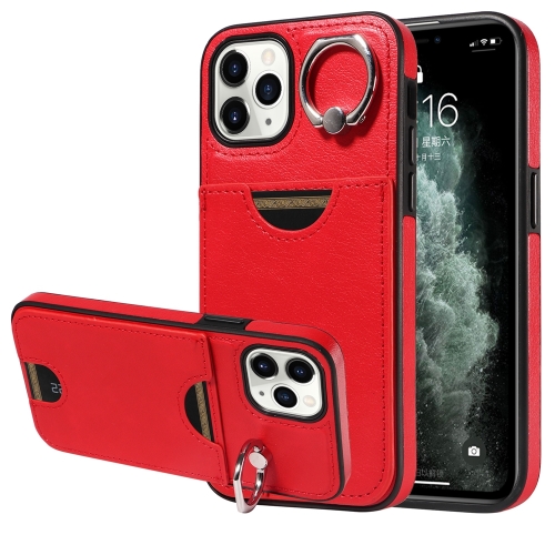 

For iPhone 11 Pro Calf Texture Card Slot Ring Holder Phone Case(Red)