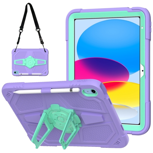 

For iPad 10th Gen 10.9 2022 Punk Stand PC Hybrid Silicone Tablet Case with Shoulder Strap(Purple Teal)
