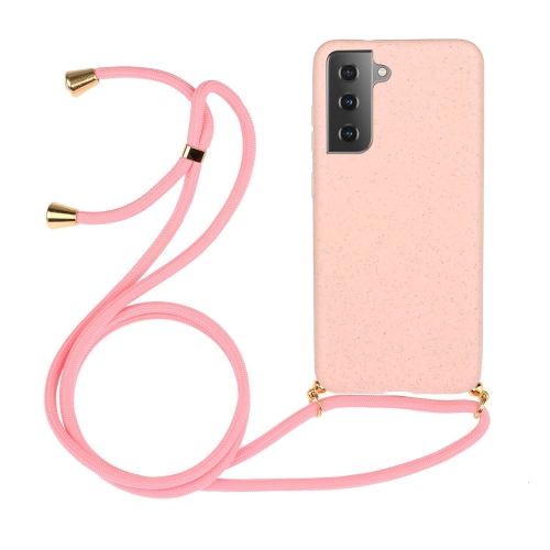 

For Samsung Galaxy S24 5G Wheat Straw Material + TPU Phone Case with Lanyard(Pink)