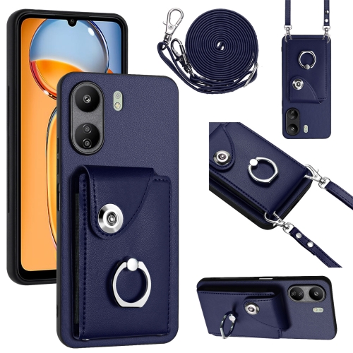 

For Xiaomi Redmi 13C 4G / Poco C65 Organ Card Bag Ring Holder Phone Case with Long Lanyard(Blue)
