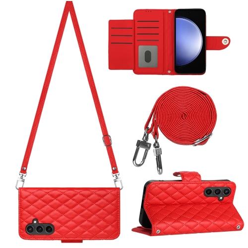 

For Samsung Galaxy S23 FE 5G Rhombic Texture Flip Leather Phone Case with Long Lanyard(Red)