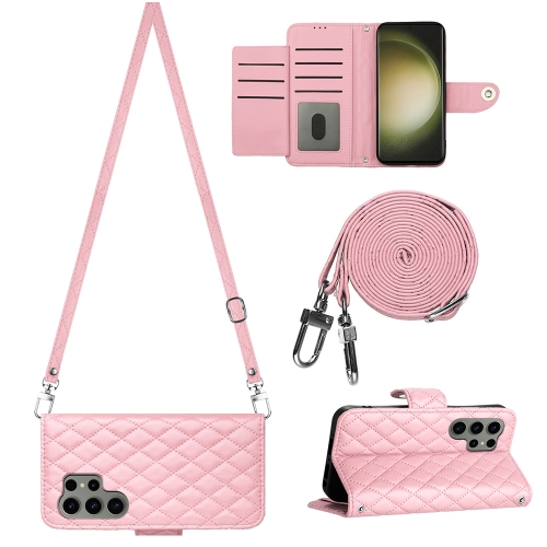 

For Samsung Galaxy S23 Ultra 5G Rhombic Texture Flip Leather Phone Case with Long Lanyard(Pink)