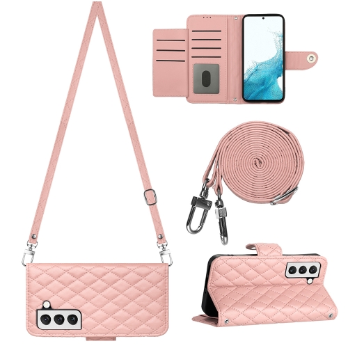 

For Samsung Galaxy S23+ 5G Rhombic Texture Flip Leather Phone Case with Long Lanyard(Coral Pink)