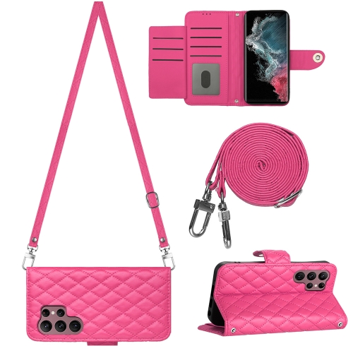 

For Samsung Galaxy S22 Ultra 5G Rhombic Texture Flip Leather Phone Case with Long Lanyard(Rose Red)
